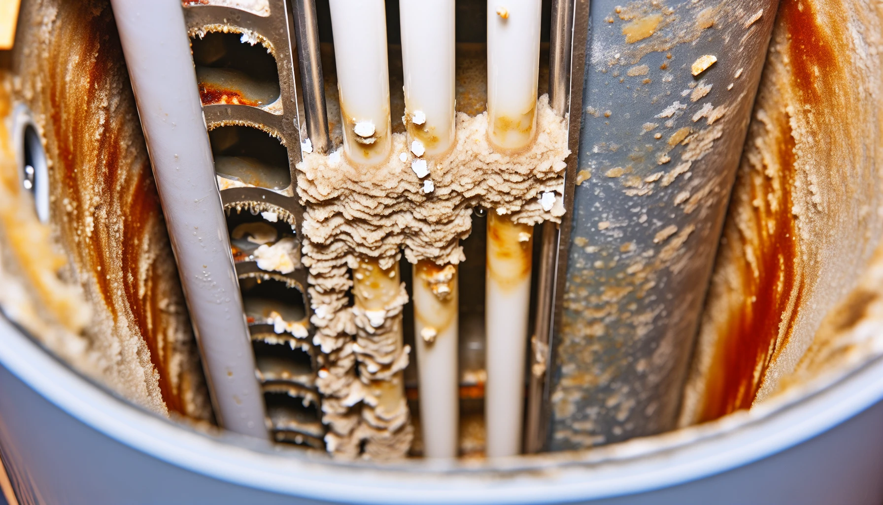 A close-up of a water heater with visible sediment buildup and mineral deposits